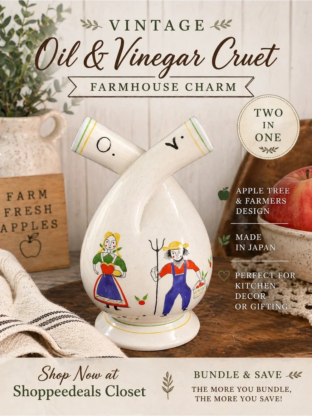 Vintage Oil & Vinegar Ceramic Cruet Dispenser – Apple Tree Farmers Design Japan
